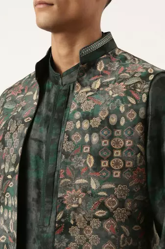 Green printed jacket kurta set
