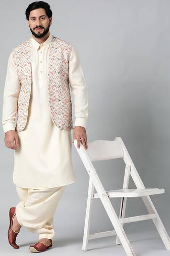 Cream embroidery jacket with pathani set