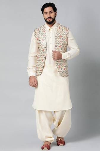 Cream ethnic jacket with pathani set