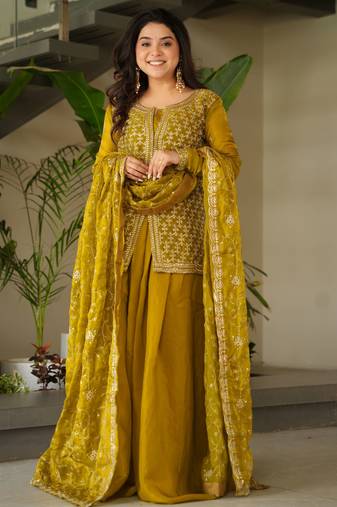 Mehendi Silk Beads Embroidered Sharara Suit With Dupatta
