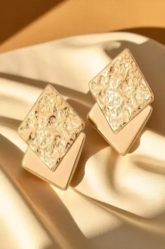 Golden glamour textured square stud earrings – anti tarnish finish
