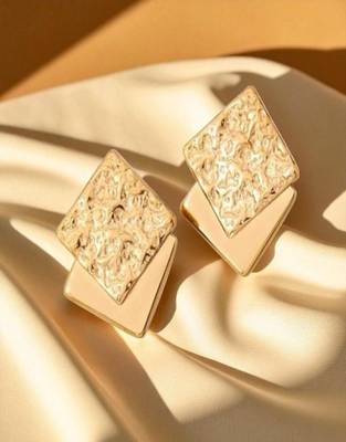 Golden glamour textured square stud earrings – anti tarnish finish 3