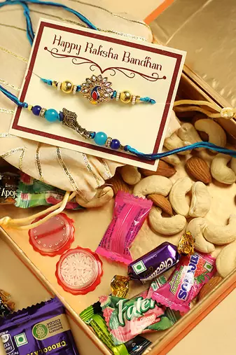 Designer Raksha Bandhan Hamper with 2 Rakhis, Dry Fruits & Chocolates