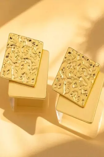 Golden glamour textured square stud earrings – anti tarnish finish