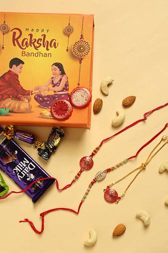 Elegant Raksha Bandhan Gift Set with 2 Rakhi, 1 Lumba, Dry Fruits & Chocolates