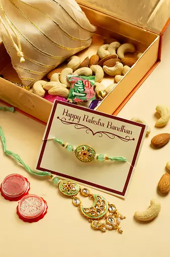 Green Meenakari Kundan Bhaiya Bhabhi Rakhi with Dry Fruits & Chocolates