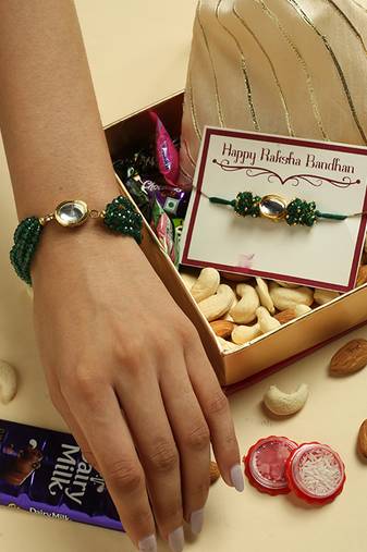 Green Kundan Bhaiya Bhabhi Rakhi Set with Dry Fruits & Chocolates