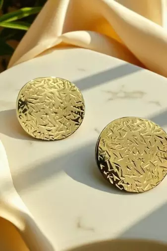 Golden glamour anti tarnish textured round disc earrings
