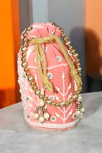 light pink Velvet Embroidered Potli – Bridal & Festive Special