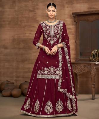 Maroon premium embroidered vichitra silk free size full stitched suit 1