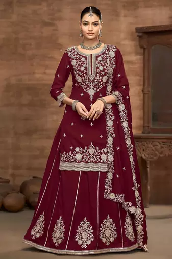 Maroon premium embroidered vichitra silk free size full stitched suit