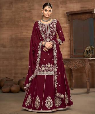 Maroon premium embroidered vichitra silk free size full stitched suit 2