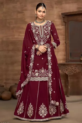 Maroon premium embroidered vichitra silk free size full stitched suit
