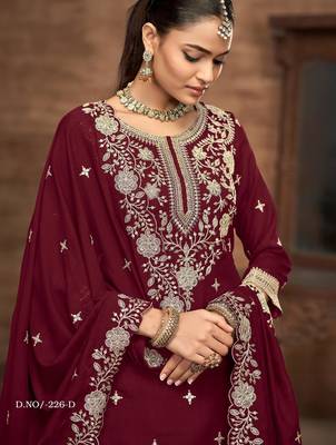 Maroon premium embroidered vichitra silk free size full stitched suit 3