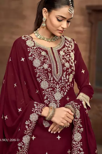 Maroon premium embroidered vichitra silk free size full stitched suit