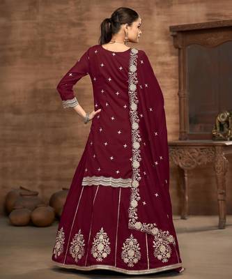 Maroon premium embroidered vichitra silk free size full stitched suit 4