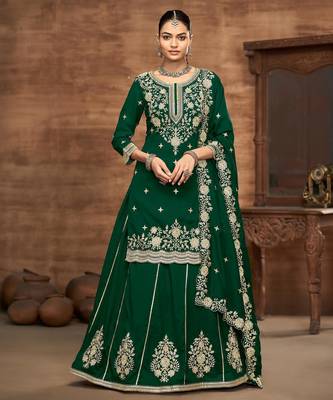 Green embroidered vichitra silk free size full stitched suit 1