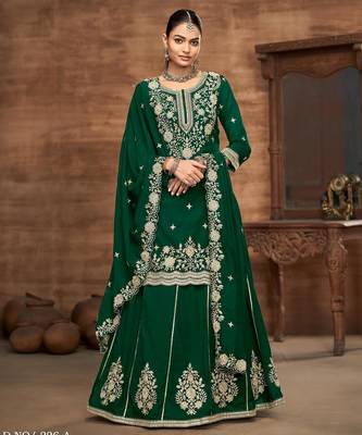 Green embroidered vichitra silk free size full stitched suit 2