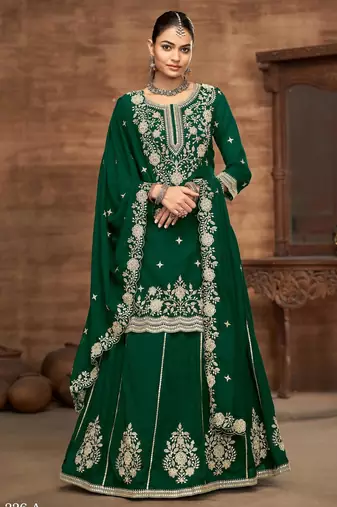 Green embroidered vichitra silk free size full stitched suit