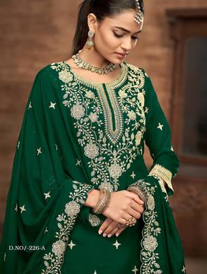 Green embroidered vichitra silk free size full stitched suit 3