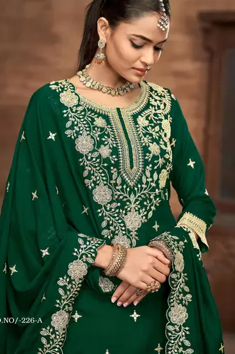 Green embroidered vichitra silk free size full stitched suit