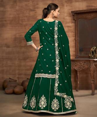 Green embroidered vichitra silk free size full stitched suit 4