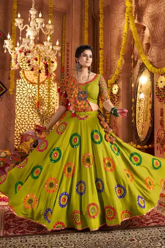 GREEN thread embroidered mirror work stitched lehenga choli