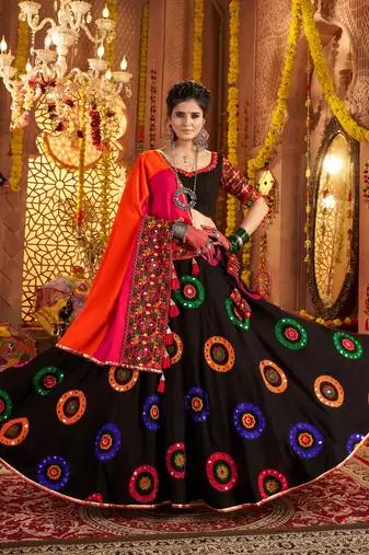 BLACK thread embroidered mirror work stitched lehenga choli