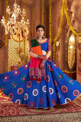 ROYAL BLUE THREAD EMBROIDERED MIRROR WORK STITCHED lehenga choli