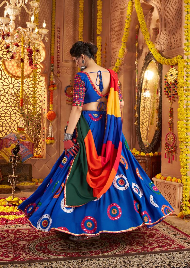 ROYAL BLUE THREAD EMBROIDERED MIRROR WORK STITCHED lehenga choli