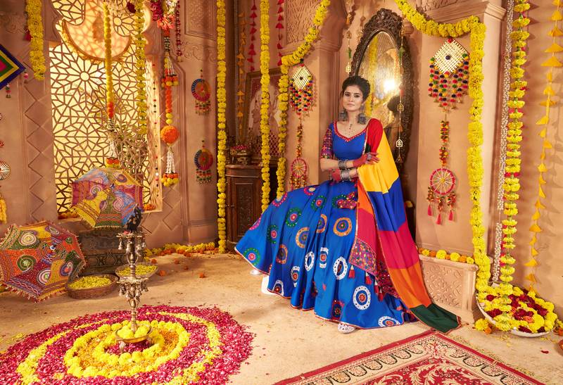 ROYAL BLUE THREAD EMBROIDERED MIRROR WORK STITCHED lehenga choli