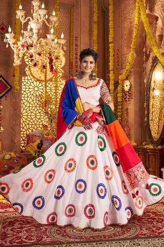WHITE thread embroidered mirror work stitched lehenga choli