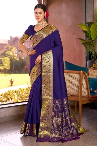 blue silk blend saree with weaving contrast pallu and blouse piece