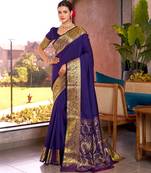 blue silk blend saree with weaving contrast pallu and blouse piece