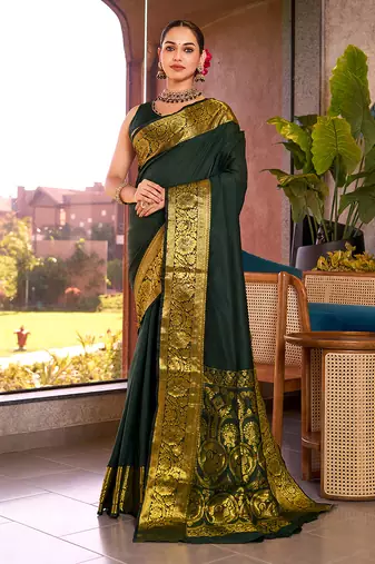 green silk blend saree with weaving contrast pallu and blouse piece
