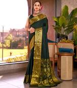 green silk blend saree with weaving contrast pallu and blouse piece