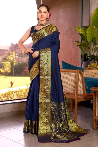 navy blue silk blend saree with weaving contrast pallu and blouse piece
