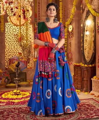 ROYAL BLUE THREAD EMBROIDERED MIRROR WORK STITCHED lehenga choli 7