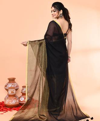 black cotton handloom saree with gold zari stripes 5
