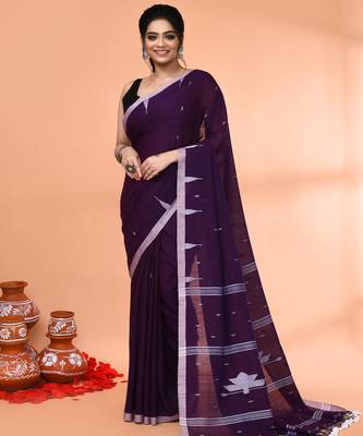 purple mul cotton handloom jamdani saree with blouse piece 4