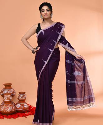purple mul cotton handloom jamdani saree with blouse piece 5