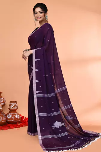 purple mul cotton handloom jamdani saree with blouse piece