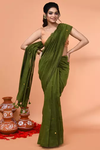 cotton handloom moss green sequin saree with blouse piece