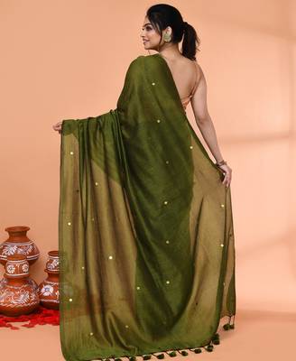 cotton handloom moss green sequin saree with blouse piece 4
