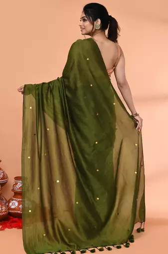 cotton handloom moss green sequin saree with blouse piece