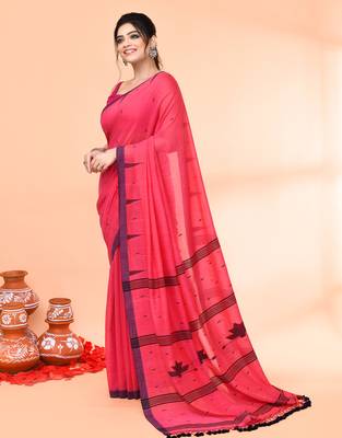 pink mul cotton handloom jamdani saree with blouse piece 4