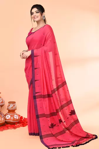 pink mul cotton handloom jamdani saree with blouse piece