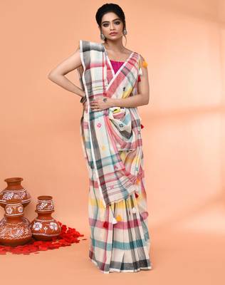 off white mul cotton handloom jamdani saree with blouse piece 3