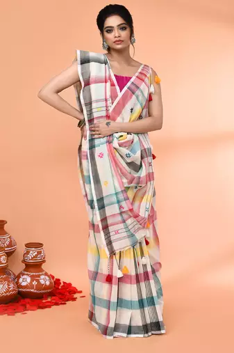 off white mul cotton handloom jamdani saree with blouse piece