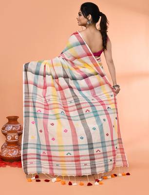 off white mul cotton handloom jamdani saree with blouse piece 4